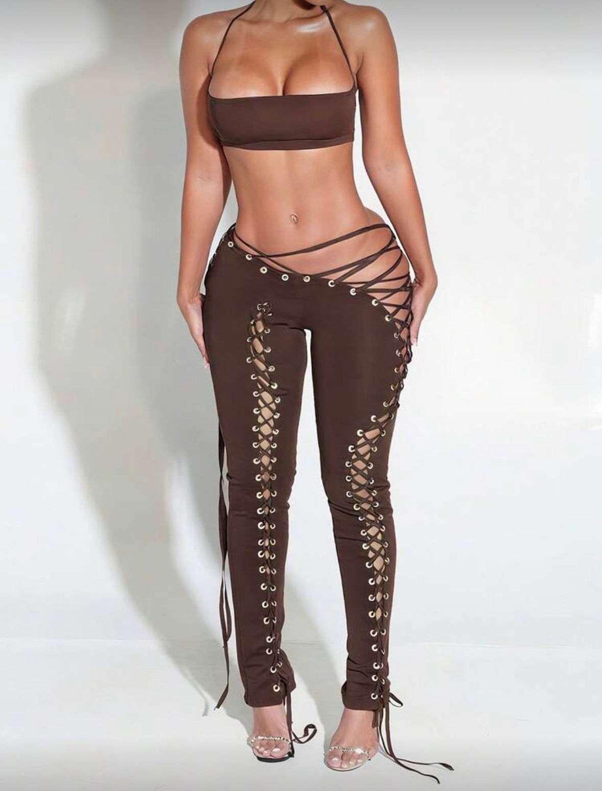 2 Piece Sexy Lace-up Crop & Drawstring Pants Set