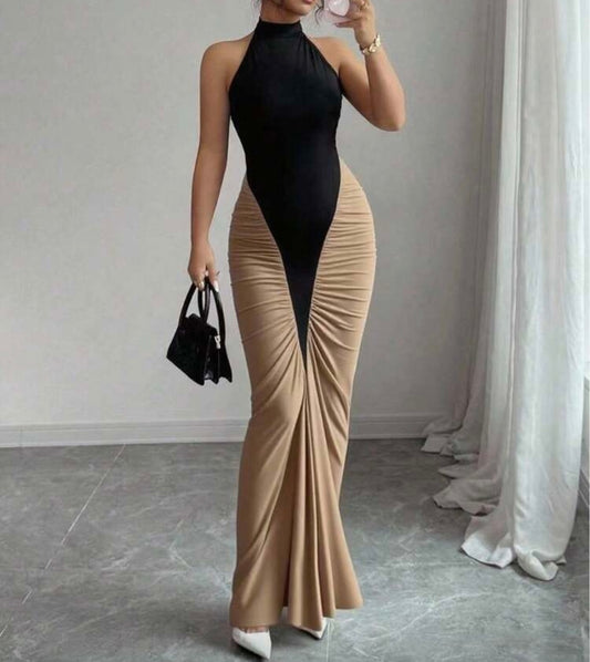 Halter Neck Cinched Waist Fishtail Hem Elegant Dress