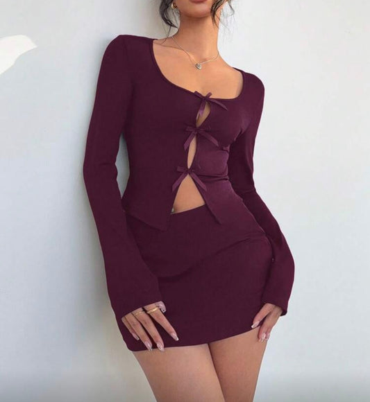 Hollow Bow Tie Long Sleeve Skirt Set