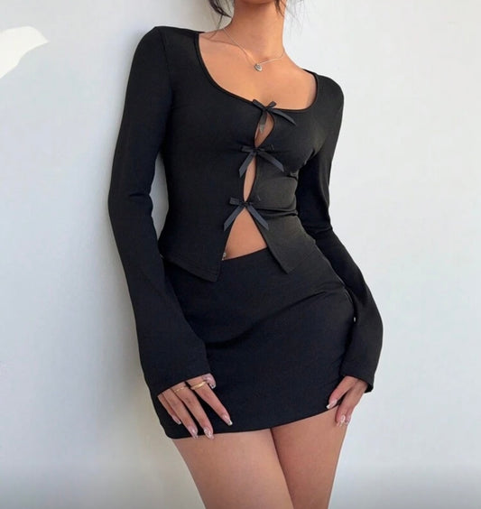 Hollow Bow Tie Long Sleeve Skirt Set