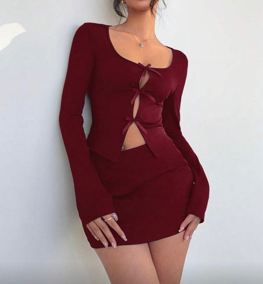 Hollow Bow Tie Long Sleeve Skirt Set