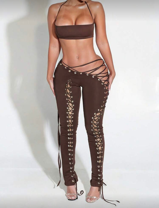 2 Piece Sexy Lace-up Crop & Drawstring Pants Set